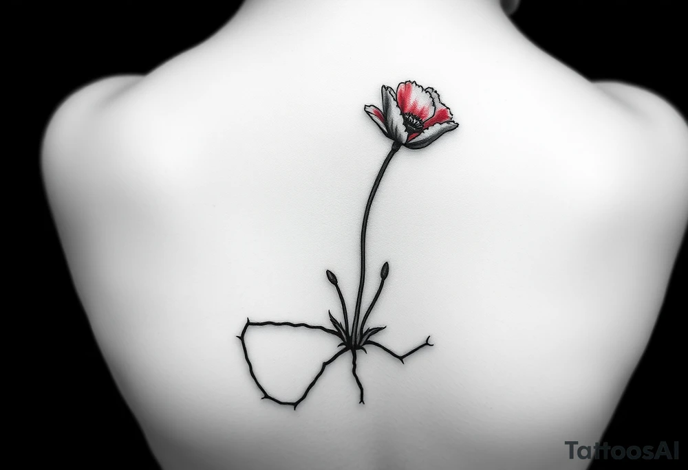 One line only drawing, artsy style, poppy growing up from cracks in pavement, red airbrush on poppy only, back of ankle/heel or back of upper arm, more artistic rendering of cracks, very minimal/simplistic design tattoo idea