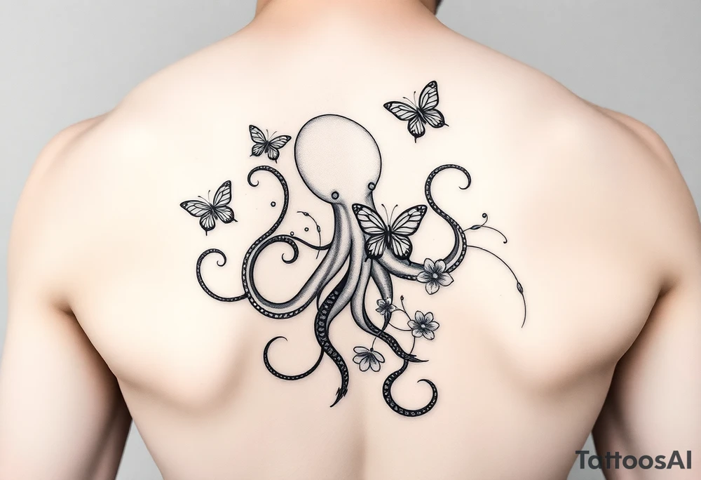 abstract tattoo design, flowing black fine lines, elegant minimalistic linework, psychedelic swirls like gasoline or oil floating on water, iridescent texture implied but in pure black ink, delicate organic curves, vapor-like trails, non-literal and surreal, suggestion of an octopus hidden in fluid tentacle-like lines, not a real octopus, just subtle illusion, abstract marine motion, with minimalist butterflies and flowers seamlessly integrated into the flowing pattern, modern feminine tattoo style, graceful and airy, inspired by Pis Saro and Balazs Bercsenyi, hint of nature and ocean depth, hypnotic and dreamlike, ink diffusion aesthetics, no solid fills, ethereal line-only design tattoo idea