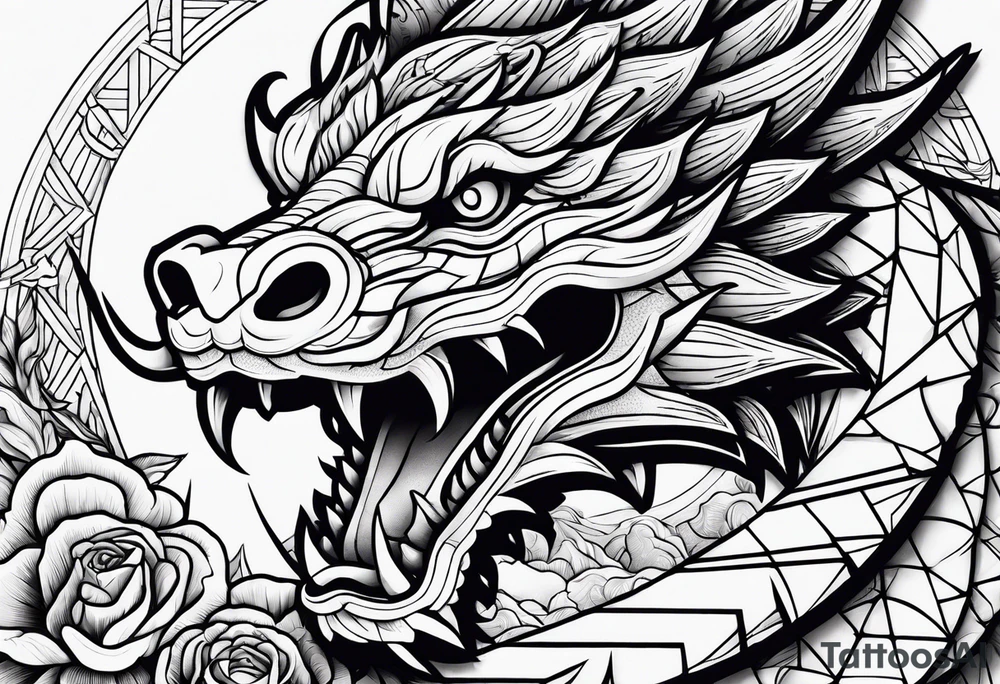 Dragón con peonías blanco y negro tattoo idea