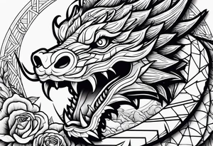 Dragón con peonías blanco y negro tattoo idea