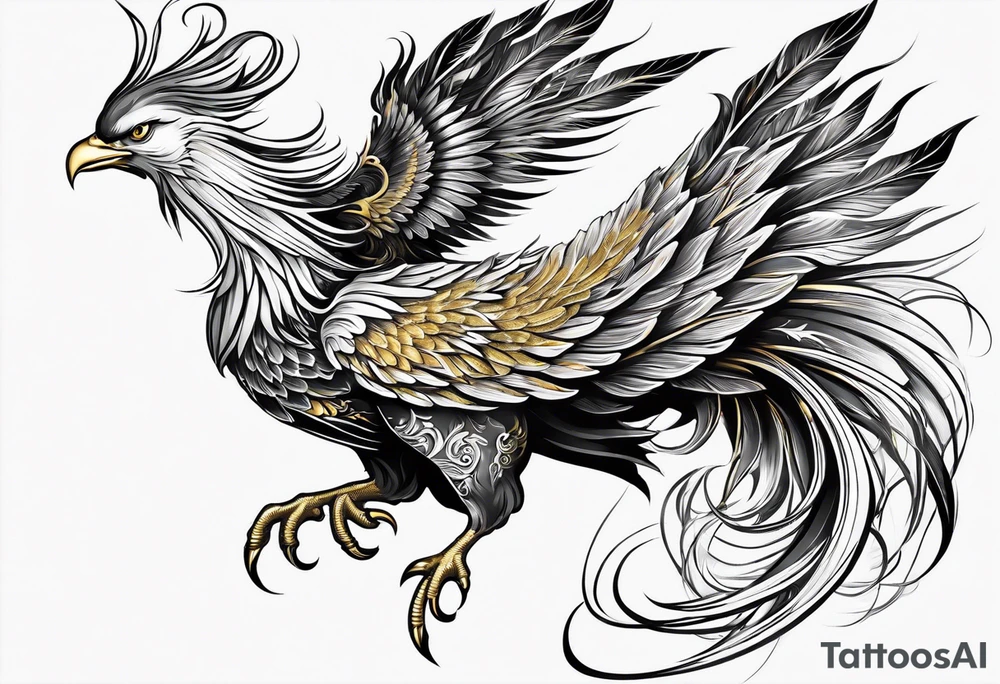 lite flowing phoenix with gold and white on tail for male tattoo idea