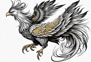 lite flowing phoenix with gold and white on tail for male tattoo idea