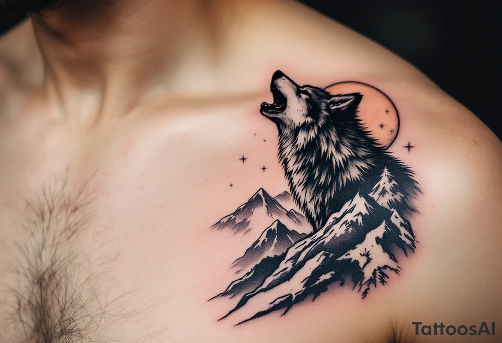 wolf on mountain howling at moon tattoo idea