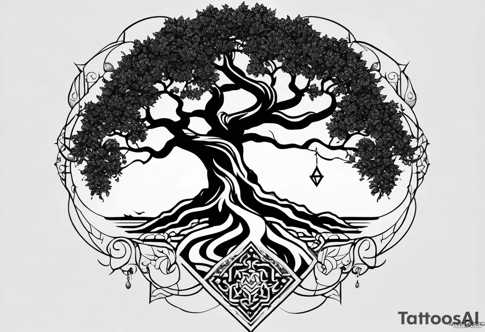 Tattoo dans le dos, yggdrasil et quelques éléments en plus, 5 ou 6 feuilles de cerisier en couleur, le logo de tommorowland vers les racines, une forme géométrique à l'arrière plan du tatouage tattoo idea