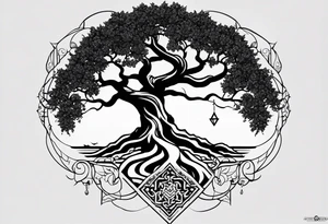 Tattoo dans le dos, yggdrasil et quelques éléments en plus, 5 ou 6 feuilles de cerisier en couleur, le logo de tommorowland vers les racines, une forme géométrique à l'arrière plan du tatouage tattoo idea