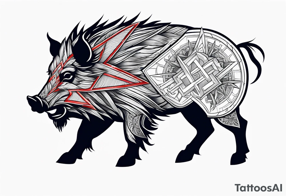 Shield with a Wild boar that is blue with 3 red crosses on it tattoo idea