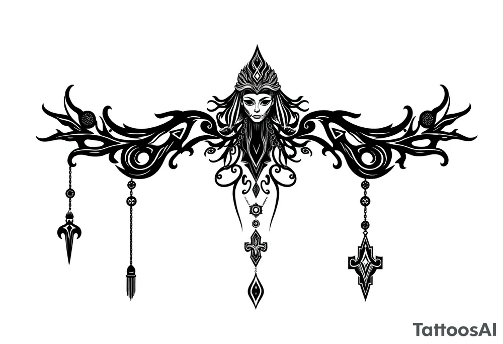 mystical dark and long ornament with shaman and witch mytolog and ancient rhyme tattoo idea