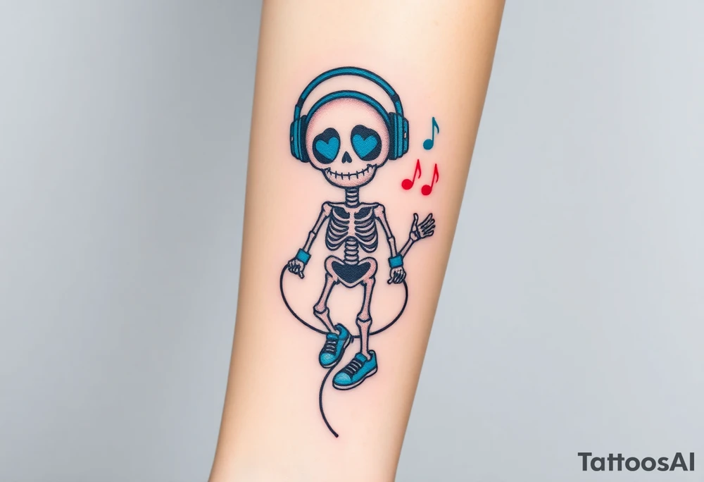 Cute smiley skeleton with heart shape eyes  jumping on a jump rope with both hands blue headphones blue armbands blue sneakers and colorful  music notes around his head tattoo idea