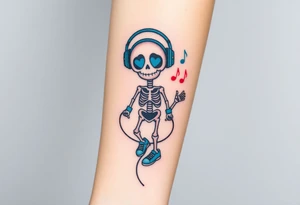 Cute smiley skeleton with heart shape eyes  jumping on a jump rope with both hands blue headphones blue armbands blue sneakers and colorful  music notes around his head tattoo idea