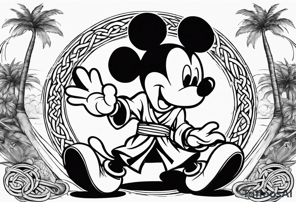 mickey mouse doing martial arts with palm trees, lightning and the celtic symbol for family tattoo idea