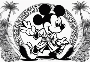 mickey mouse doing martial arts with palm trees, lightning and the celtic symbol for family tattoo idea
