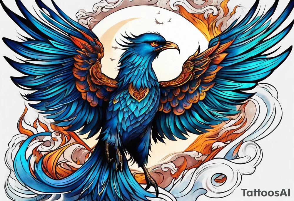 phoenix sur une lune bleu tattoo idea