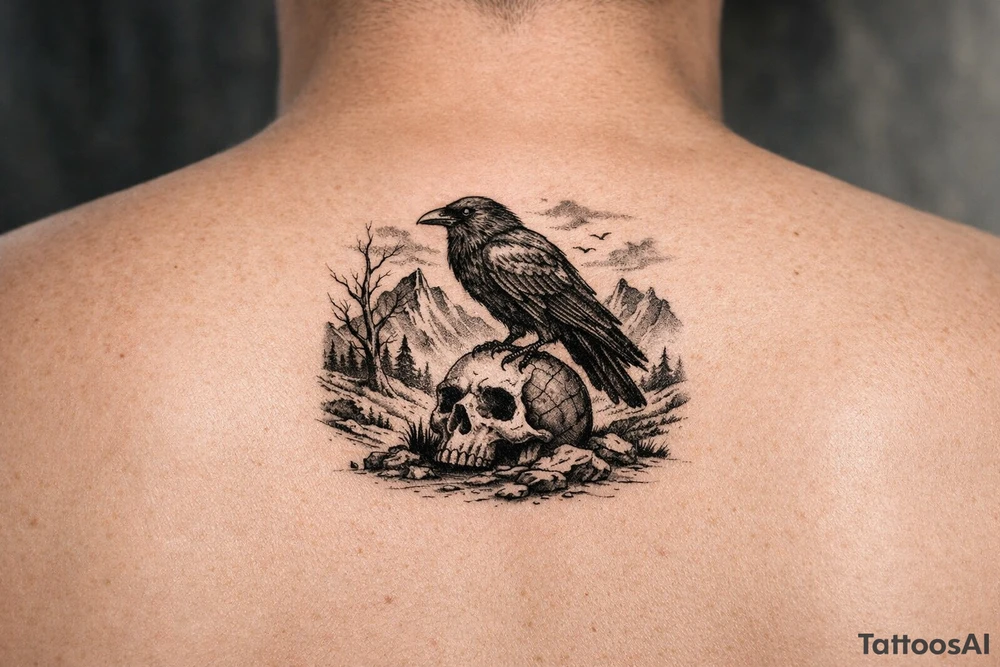 a raven sitting on a skull, landscape. tattoo idea