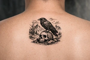 a raven sitting on a skull, landscape. tattoo idea