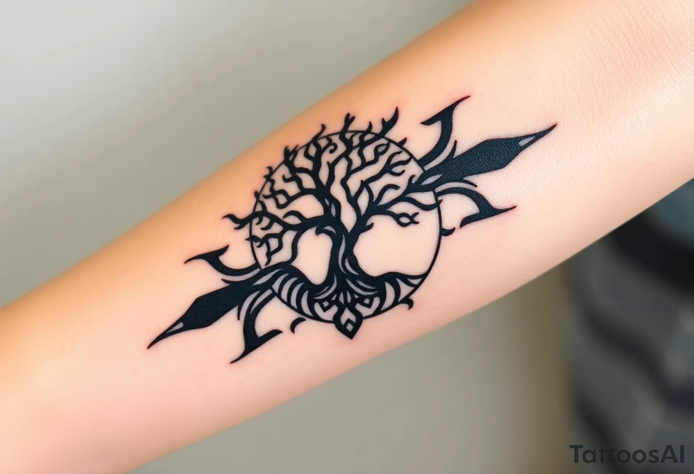 Swirling 
Tree in the sun in a spiral direction tattoo idea