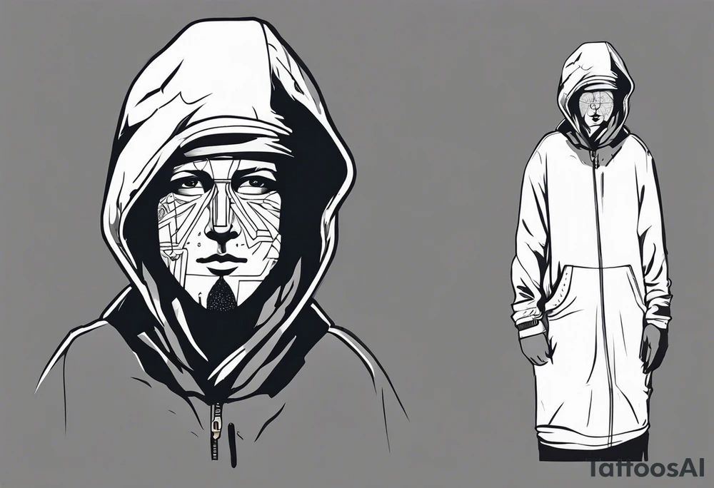 Time traveller man with time traveller visiting present from future hoodie covered face tattoo idea