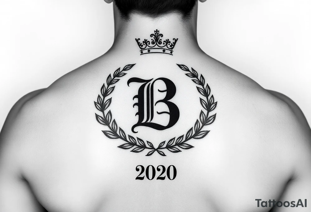 I would like to have an example for a tattoo. In which the initial B is central with a laurel wreath from bottom to top and a crown on top. Furthermore, please include a birth year 2020 or his birth date in Roman. tattoo idea