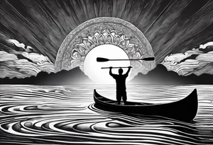 pictured from behind, average sized man with his arms fully extended straight out to the side at chest level, standing on top of modestly sized canoe on the water with a sun above his head. tattoo idea