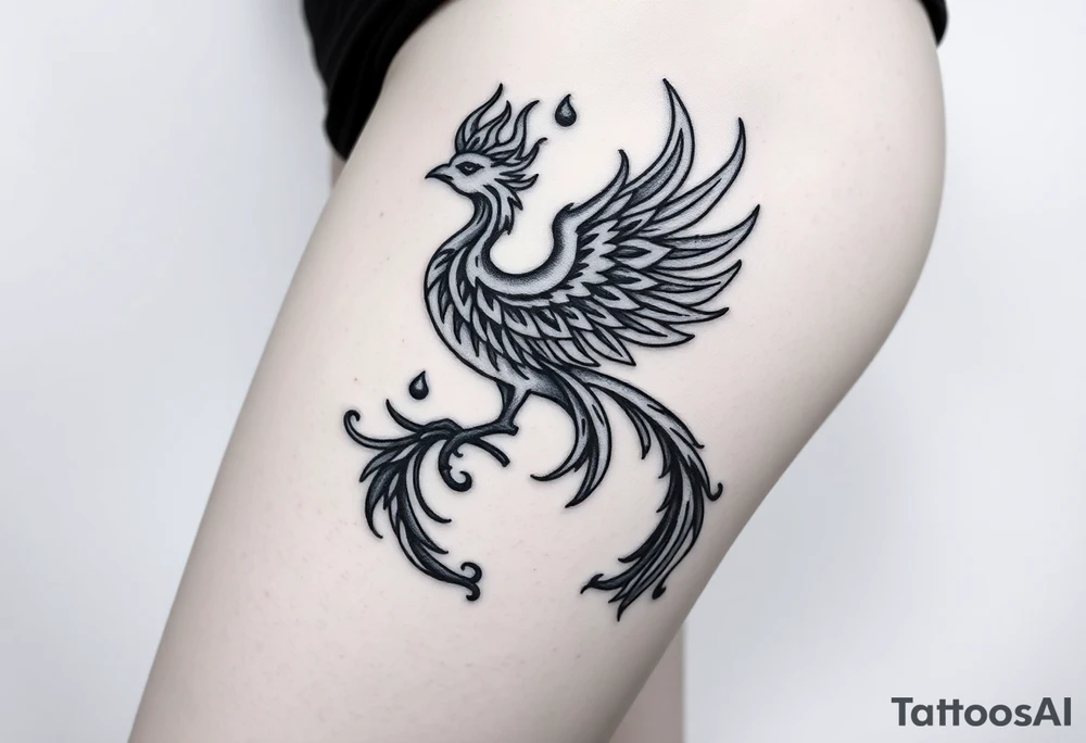 majestic fiery phoenix surrounded by fire. with a crown of fire flapping wings with a flaming tail tattoo idea