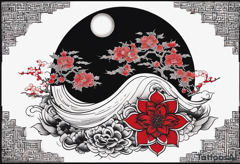 eclipse, vibrant colors (reds and blacks), dark fantasy tattoo idea