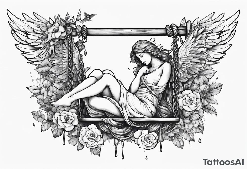 crying broken angel on swing add flowers around tattoo idea