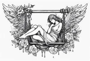 crying broken angel on swing add flowers around tattoo idea