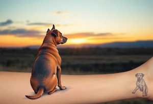 a mertle austrailian cattle dog and a tan pitbull standing looking out over into the sunset tattoo idea