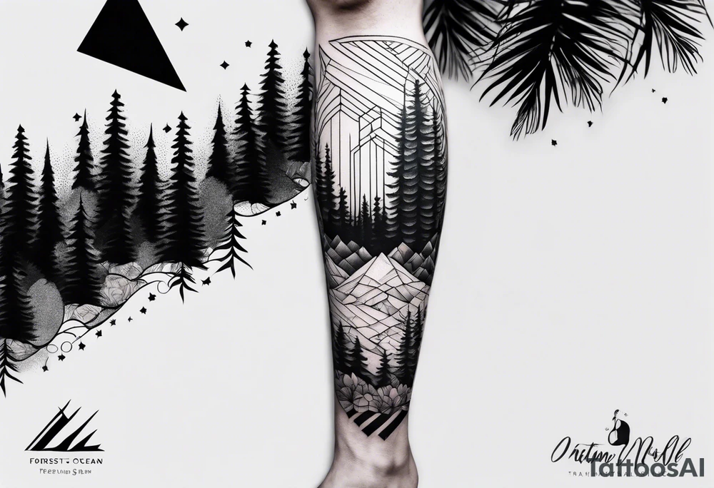 Forest ocean geometric male leg sleeve tattoo idea