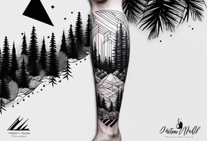 Forest ocean geometric male leg sleeve tattoo idea