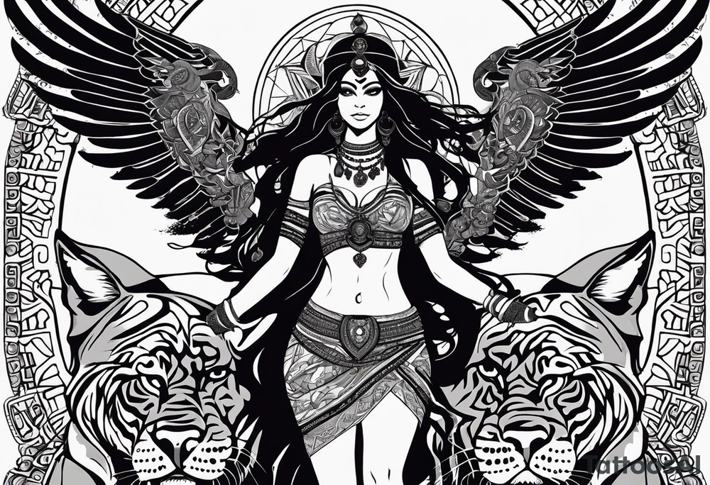 black kali, goddess pirate, alien, angel, pachamama, valkrye, warrior, flying, skull, lotus azul, wing, eagle, zenza resonance, stars, 5D, anahata chakra, death, durga, riding on a tiger, flying lady, kundalini, chest tatoo, rebel tattoo idea