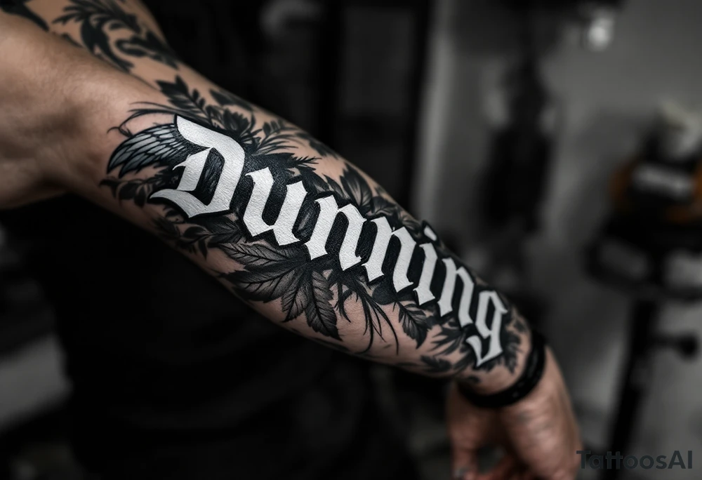 Dunning, left forearm details include angel wing, greek type of font,jungle leaves, name in white color tattoo idea