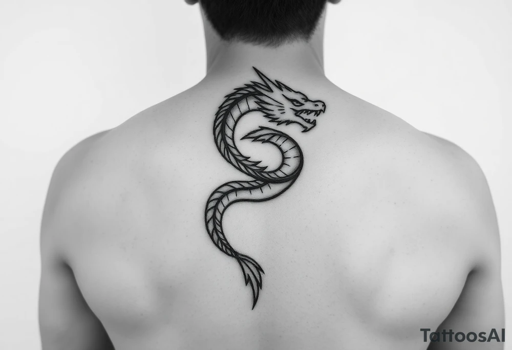 A refined black ink tattoo design for the back,  a minimalist tribal-style dragon curls in a spirals along the spine, symbolizing inner power and spiritual awakening. tattoo idea