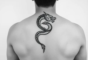 A refined black ink tattoo design for the back,  a minimalist tribal-style dragon curls in a spirals along the spine, symbolizing inner power and spiritual awakening. tattoo idea