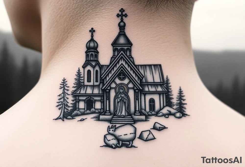 Traditional russian orthodox church in a wilderness setting with a prominent orthodox style virgin mary tattoo idea