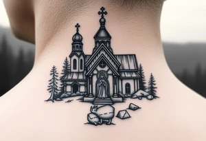 Traditional russian orthodox church in a wilderness setting with a prominent orthodox style virgin mary tattoo idea