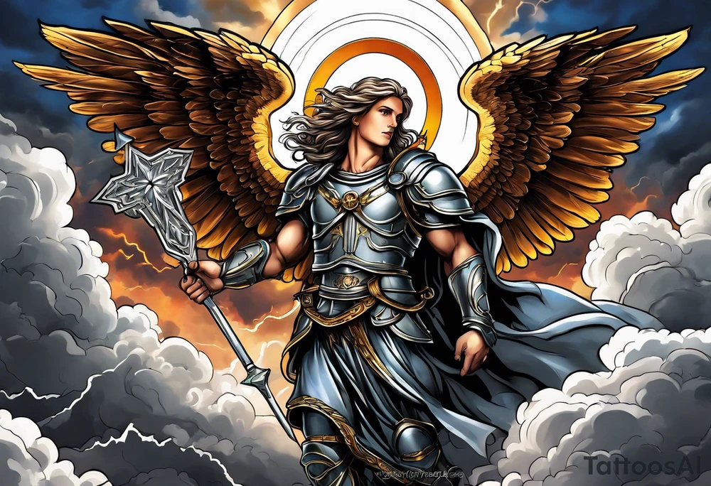 Michael the Archangel with clouds and lightning. tattoo idea