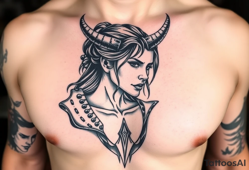 Feminine Tattoo dark female warrior with realistic horns just barley touching collarbone with a lot of shading tattoo idea