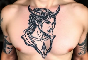 Feminine Tattoo dark female warrior with realistic horns just barley touching collarbone with a lot of shading tattoo idea