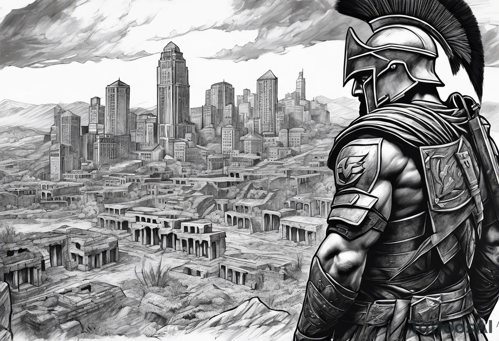 Spartan Soilder looking at city ruins tattoo idea