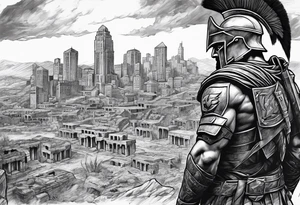 Spartan Soilder looking at city ruins tattoo idea