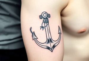 weathered anchor wrapped in nautical rope with sea waves tattoo idea
