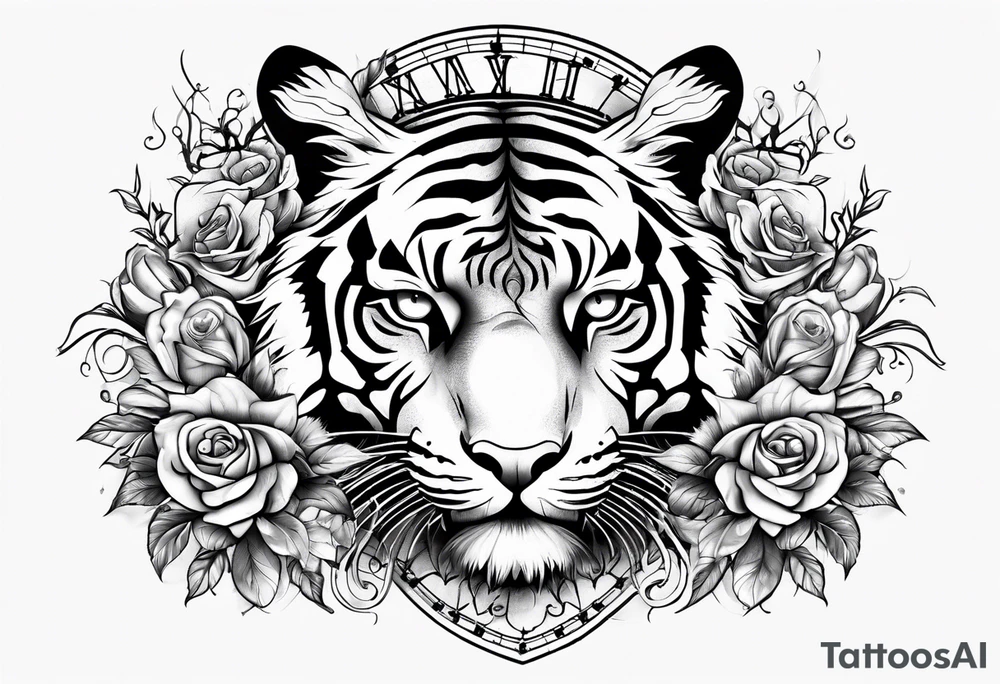 Clock and tiger with roses and vines on forearm tattoo idea