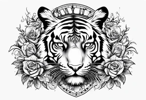 Clock and tiger with roses and vines on forearm tattoo idea