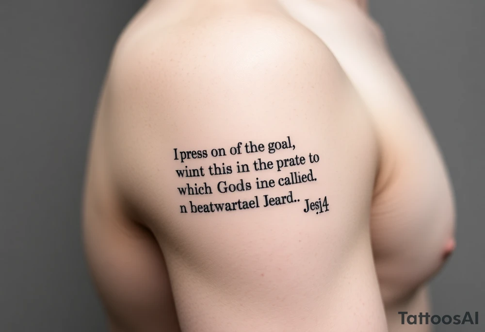 Minimalist tattoo on inner bicep. Mostly text of Philippians 3:14: I press on toward the goal to win the prize for which God has called me heavenward in Christ Jesus. tattoo idea