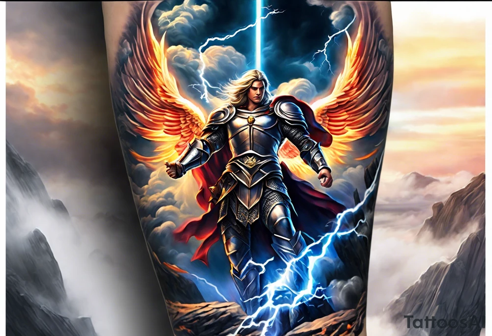 forearm sleeve of michael the archangel with clouds and lightning standing on rocks tattoo idea