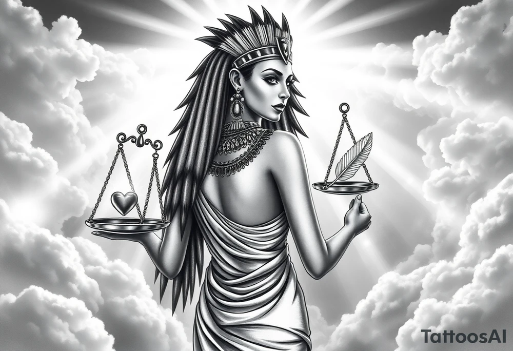 beautiful Egyptian goddess stands with her back slightly turned, accentuating her figure. Wearing a silk gown. She wears an elaborate ostrich feather headdress and ornate, intricate ancient Egyptian jewelry draped across her body. Her expression is mysterious and confident. In one hand, she holds the Scales of Justice: one side holds a radiant, glowing heart; the other, Ma’at’s feather. The scales themselves shimmer with an otherworldly light.
The background is a surreal, heavenly landscape filled with luminous clouds and beams of divine light piercing through, creating dramatic contrasts of deep shadows and highlights. The entire scene is bathed in an ethereal, mystical glow, with a dreamlike, almost supernatural atmosphere. tattoo idea