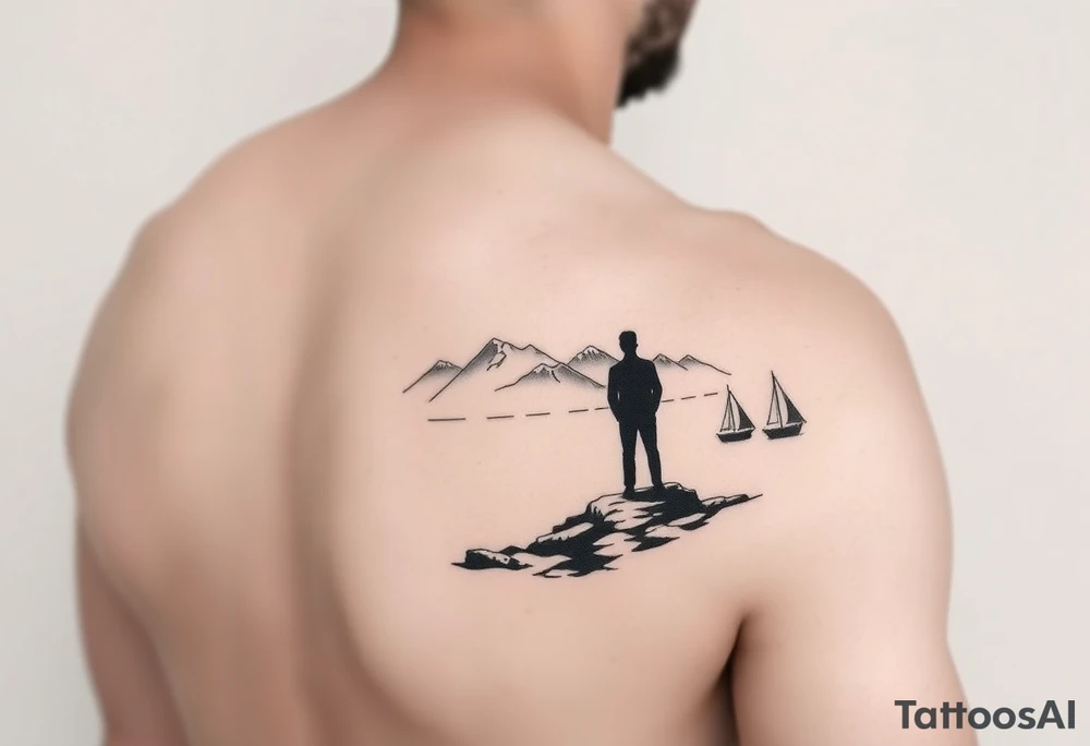 I want a minimalist design that will go on my right bicep, of a man's silhouette of a man on a shoreline, with a tree to his left, looking out at mountains in the distance, and a sailboat in the foreground tattoo idea