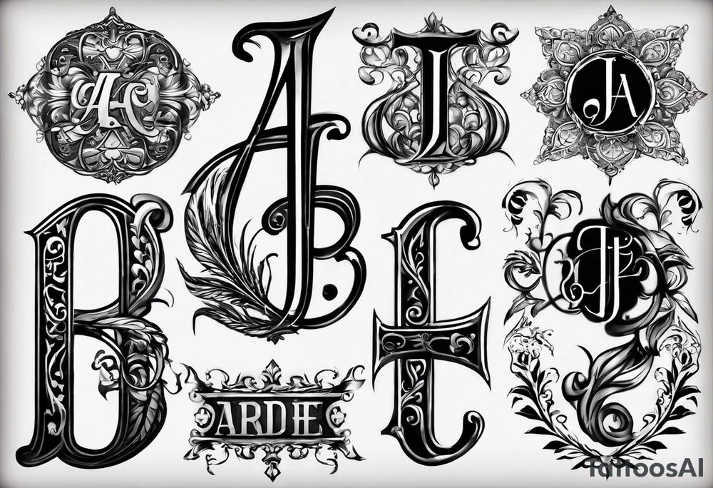I want to design a tattoo that has the letters A, J, D, E mixed together like a design in harmony with old chaligraphy. I don't want additional images but just the letters tattoo idea