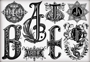 I want to design a tattoo that has the letters A, J, D, E mixed together like a design in harmony with old chaligraphy. I don't want additional images but just the letters tattoo idea