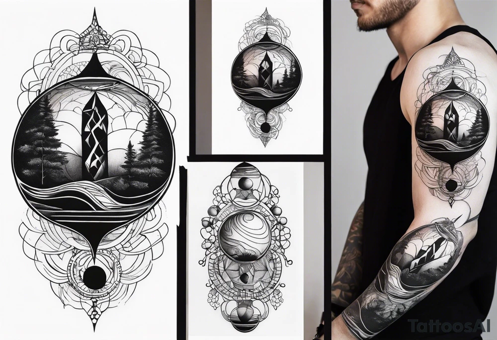 male tattoo on arm, drawing symbolizing balance of life spheres tattoo idea